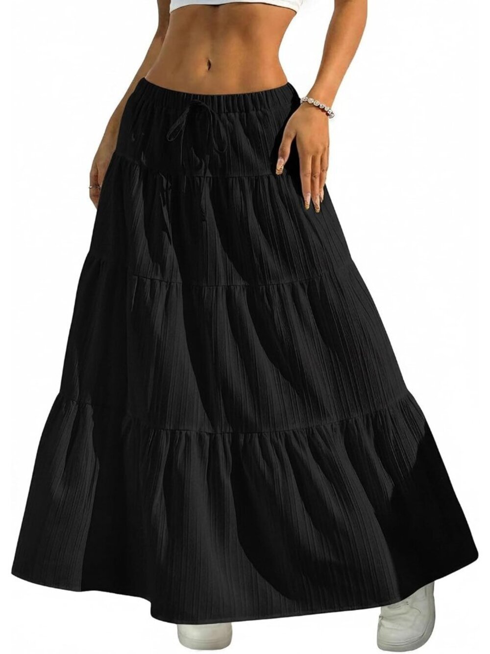 Women's Boho Flowy Black Maxi Skirt Flared Ruffle A Line Spring Long Skirts